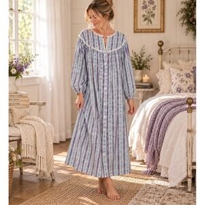 Long Cotton Flannel Nightgown Lanz Of Salzburg Blue Flowers Purple Hearts Sz XL